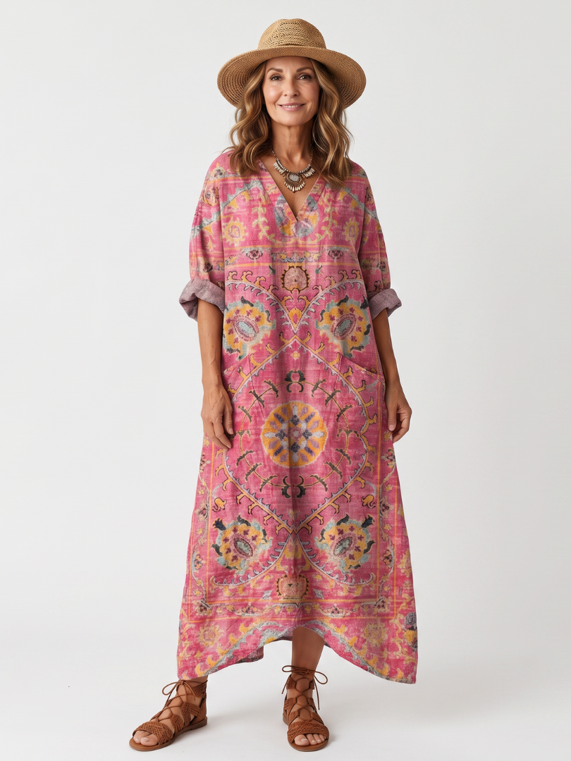 Robe midi décontractée Tilda de Danoir Paris avec motif abstrait, longue en tissu fluide, portée avec style naturel.