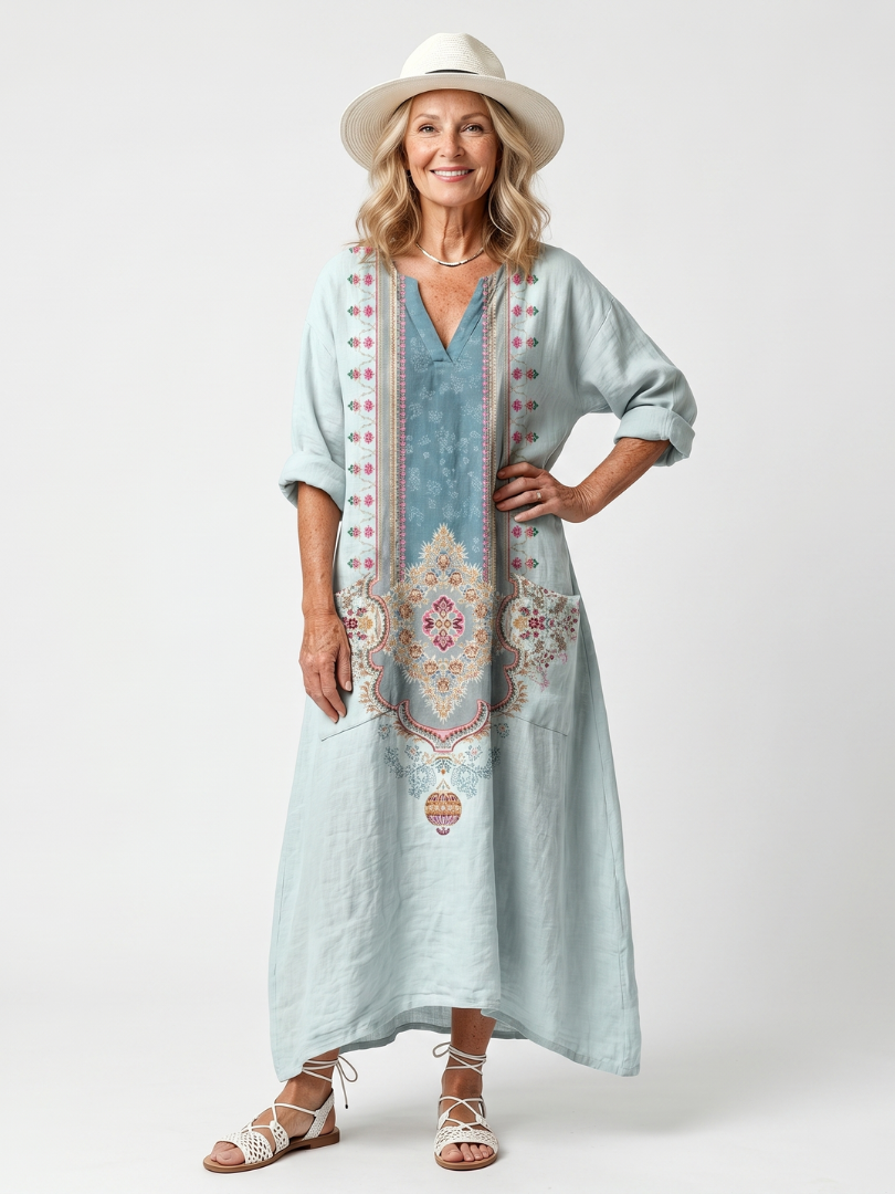 Robe midi brodée Kassiani de Danoir Paris avec poches surdimensionnées et panneau décoratif, en tissu léger et élégant.