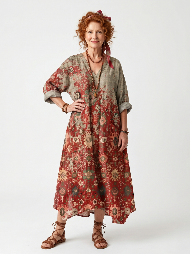 Robe midi décontractée Danoir Paris en coton avec poches et motifs variés, visible en image.