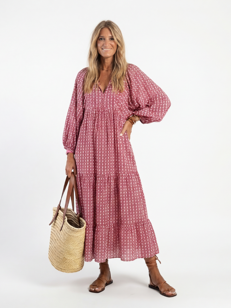 Robe midi géométrique Danoir Paris Arlette avec manches longues, imprimé moderne, tissu fluide et élégant.