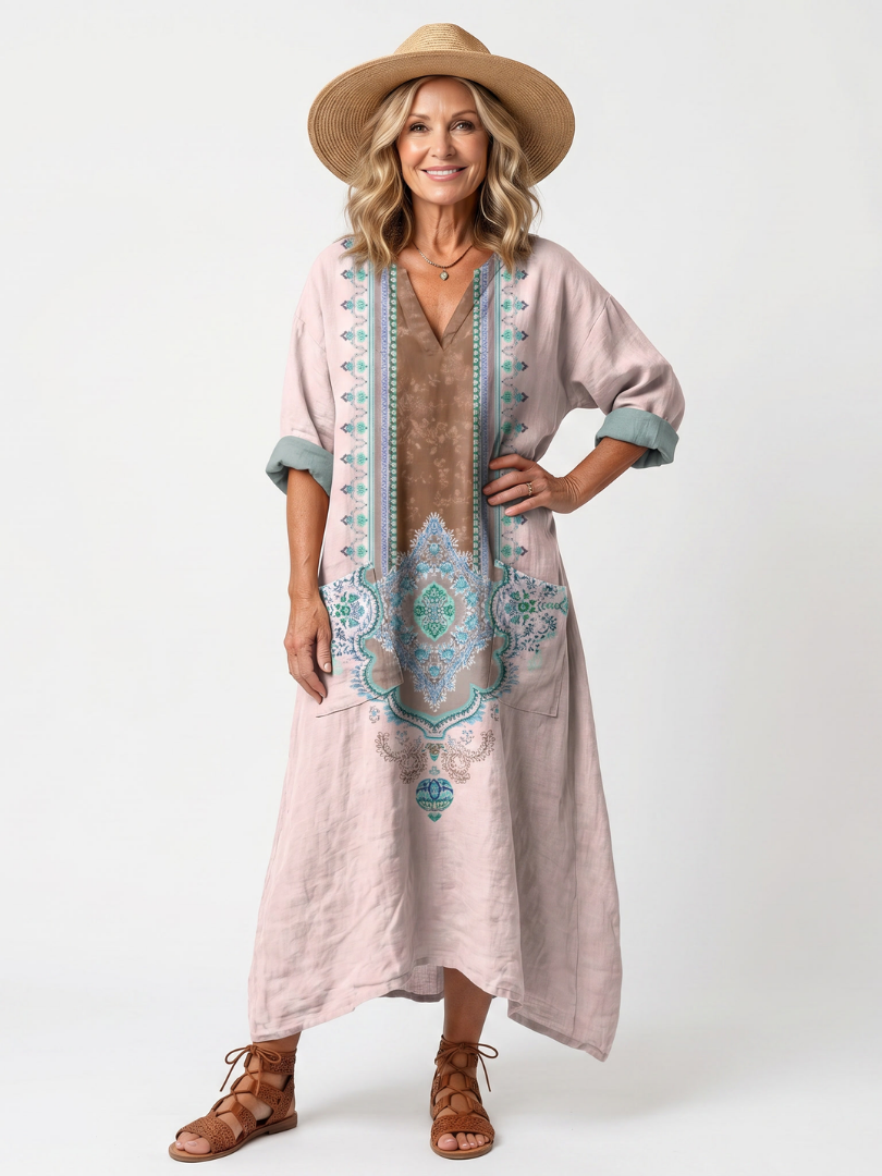 Robe midi décontractée Danoir Paris Kenza avec panneaux brodés, poches et coupe élégante, portée en vue de face.