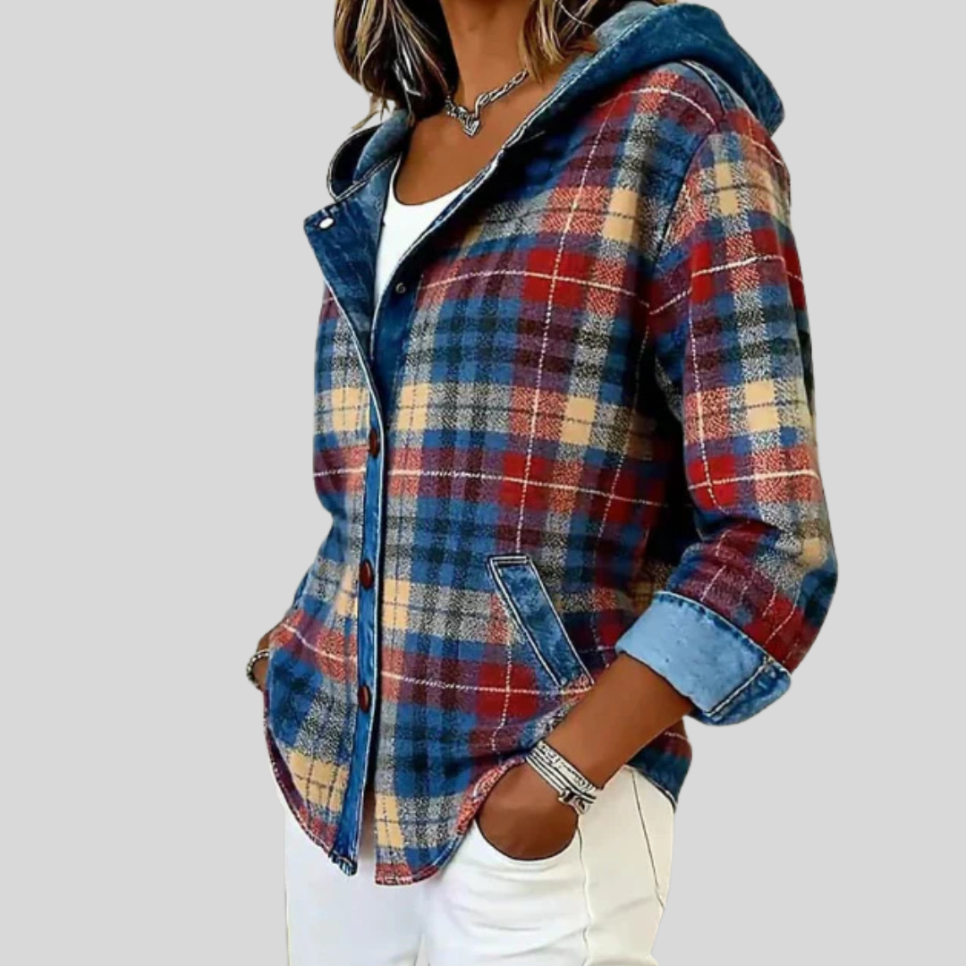 Veste à carreaux à capuche Imogen de Danoir Paris, en tissu à motif tartan, avec capuche et fermeture frontale.