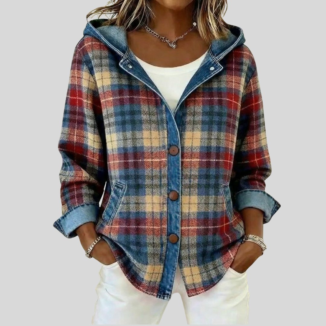 Veste à carreaux à capuche Imogen de Danoir Paris, veste d'hiver avec motif tartan, fermeture éclair et poches frontales.