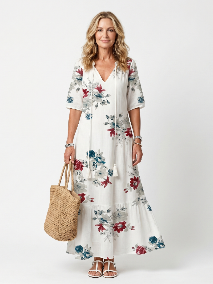 Robe midi à fleurs dispersées avec franges, marque Danoir Paris, en tissu léger et fluide, portée sur mannequin.