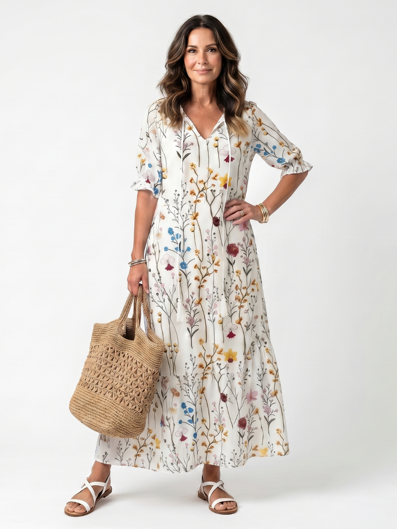 Robe midi Danoir Paris Sylvie avec motif botanique et franges, look élégant et tendance, tissu léger et fluide.