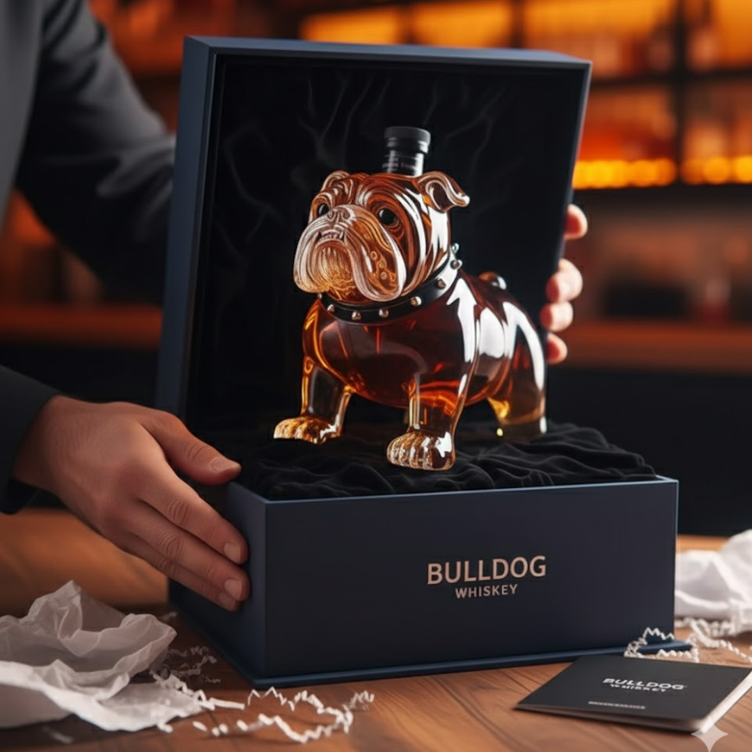 Flasque à whisky Danoir Paris en forme de Bulldog, bouteille en acier inoxydable avec design détaillé, pour transport de whisky.