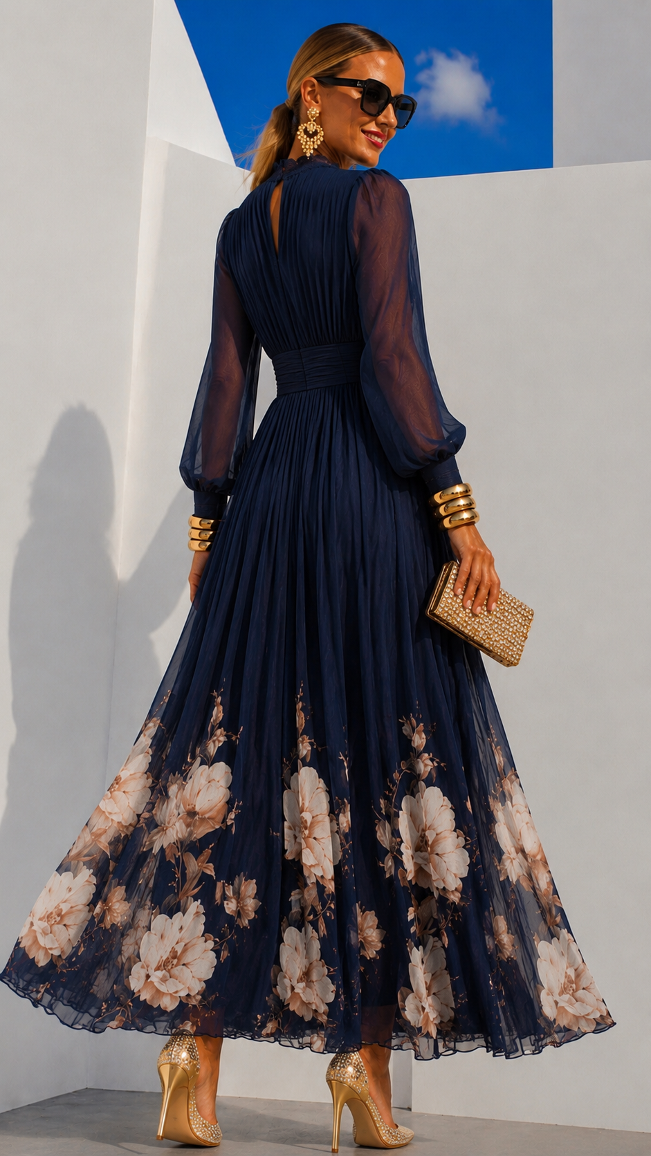 Robe Nadia en chiffon imprimé de Danoir Paris, taille 34-48, avec trois motifs colorés, vue en gros plan.