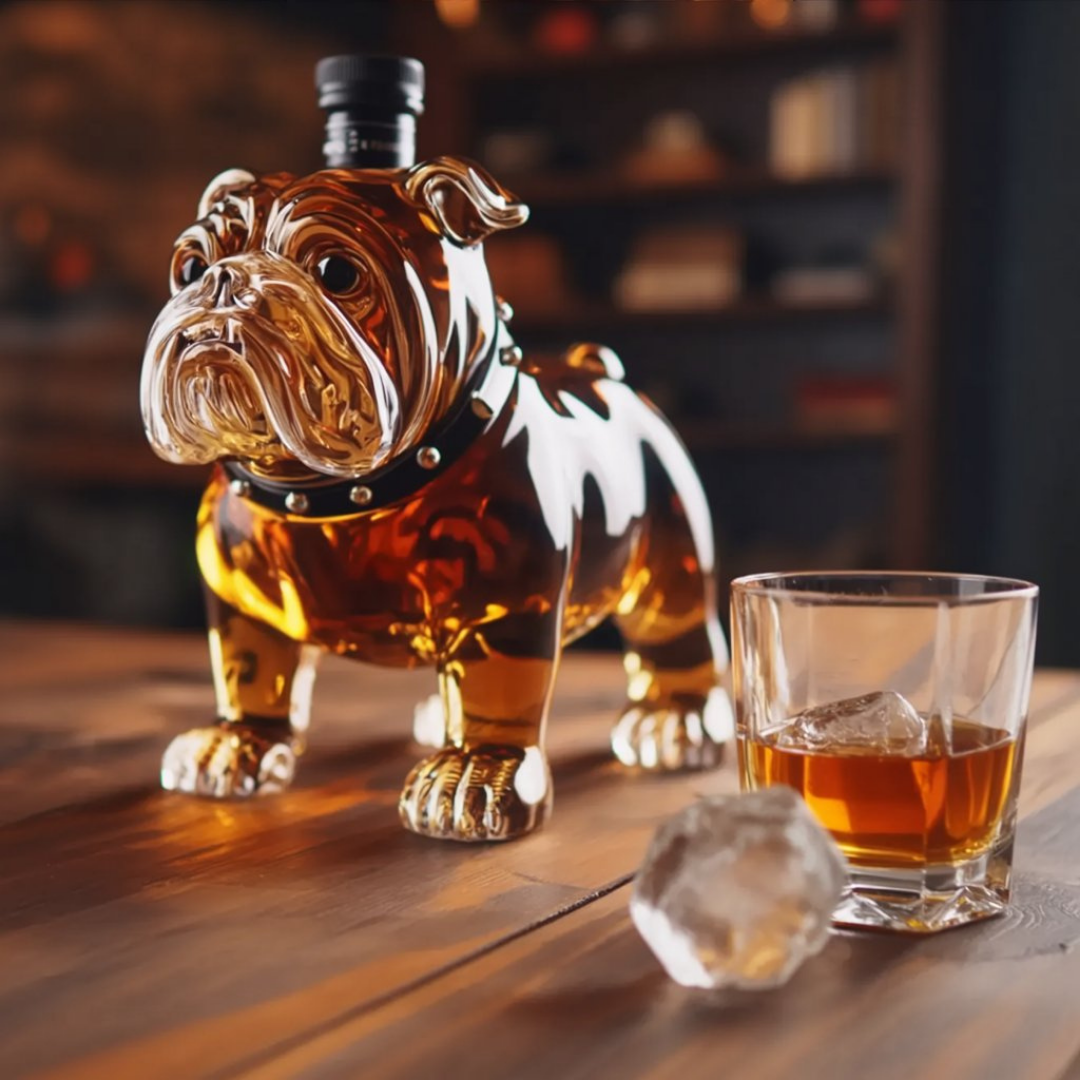 Flasque à whisky Danoir Paris en forme de bulldog, bouteille en acier inoxydable avec design de chien bulldog.