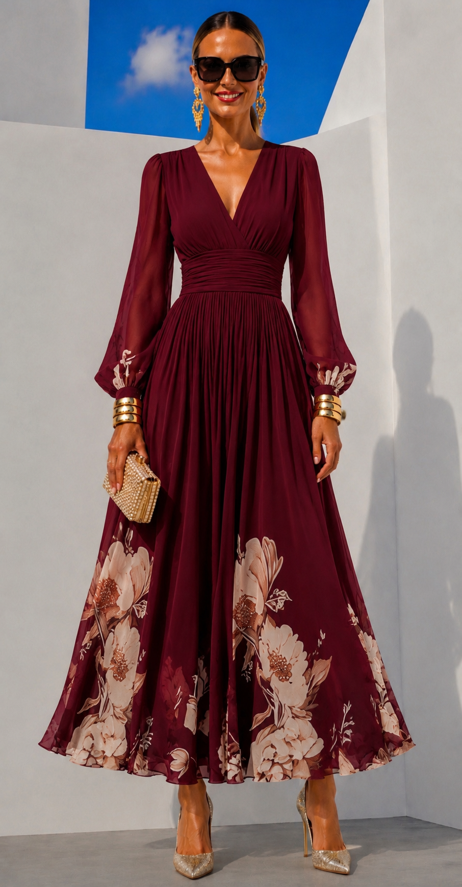 Robe Nadia en chiffon imprimé de Danoir Paris, vue de face, avec trois motifs différents, tailles 34 à 48