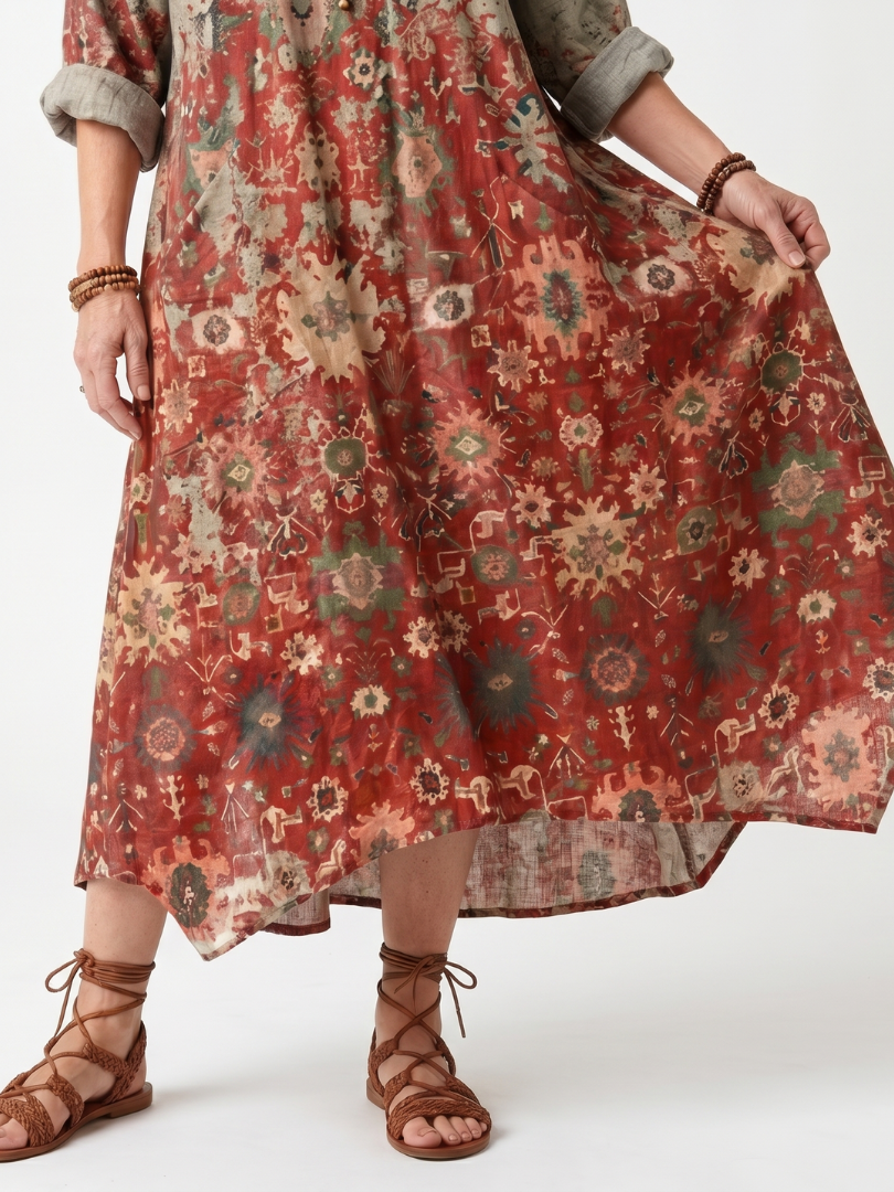 Robe midi décontractée Danoir Paris en tissu léger avec poches et motifs colorés, style élégant et confortable.