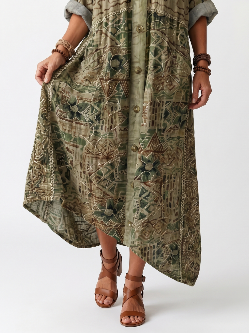 Robe midi oversize Danoir Paris avec poches brodées et fermeture à boutons, tissu léger et style décontracté.