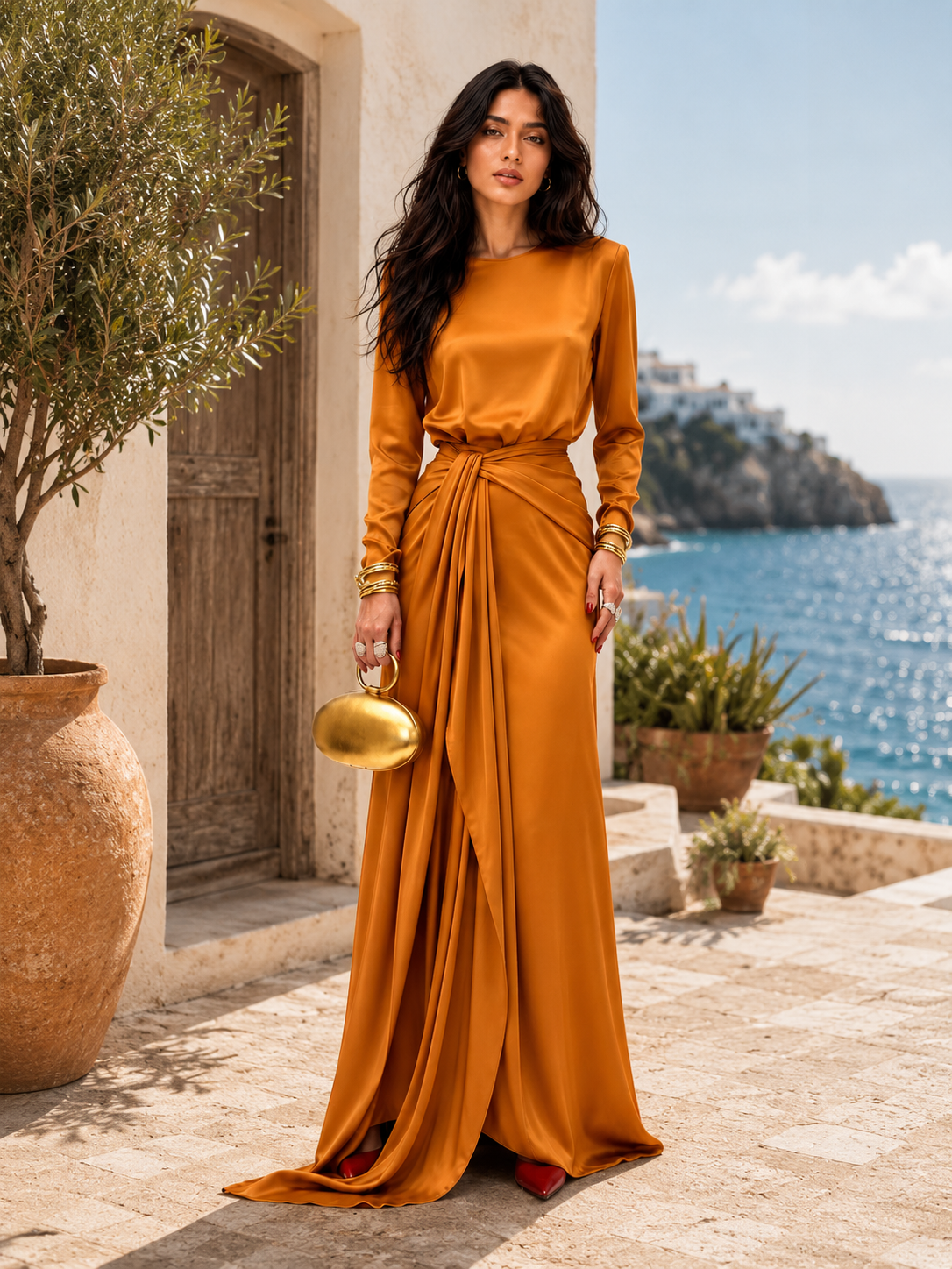 Robe longue femme en satin drapé Cassandra de Danoir Paris, élégante et fluide, portée avec des détails sophistiqués.