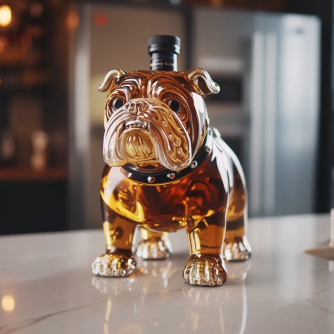 Flasque à whisky Danoir Paris version Bulldog, bouteille en acier inoxydable avec motif Bulldog, idéale pour emporter du whisky.
