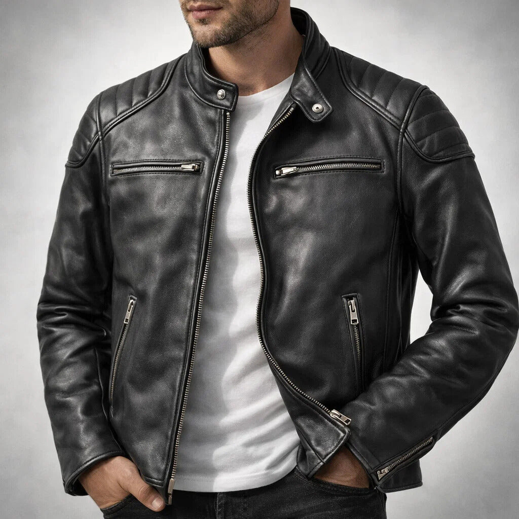 Veste en cuir Colt Maddox de Danoir Paris portée, avec col en cuir et coupe ajustée, vue de face.