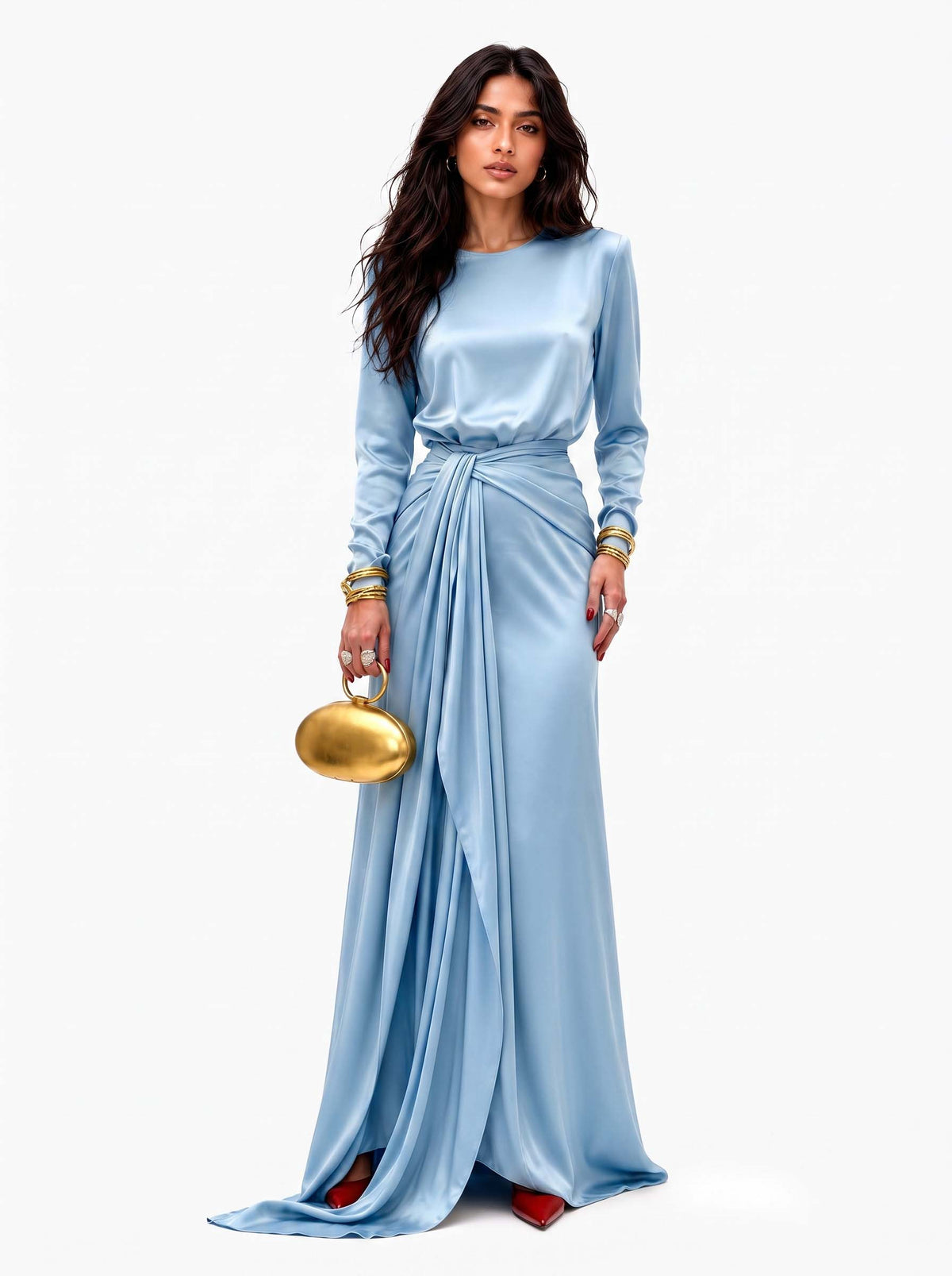 Robe longue en satin drapé Cassandra par Danoir Paris, femme, tissu brillant, élégance et style sophistiqué visible en image