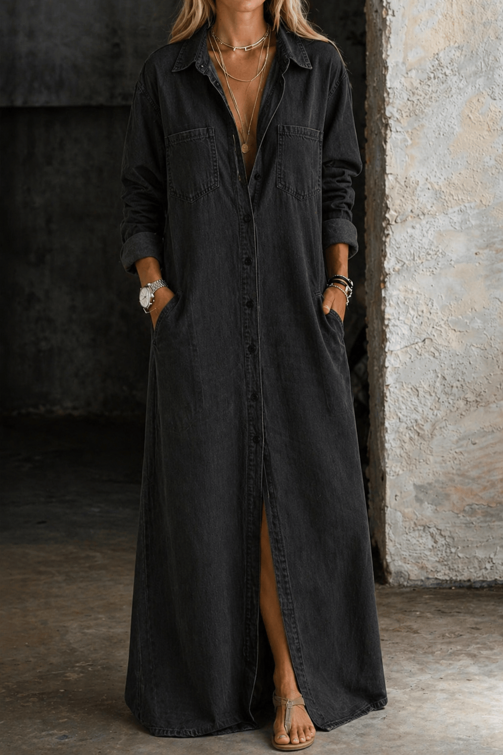 Robe chemise Delana de Danoir Paris avec boutons, tissu fluide et coupe élégante, portée en style décontracté ou chic.