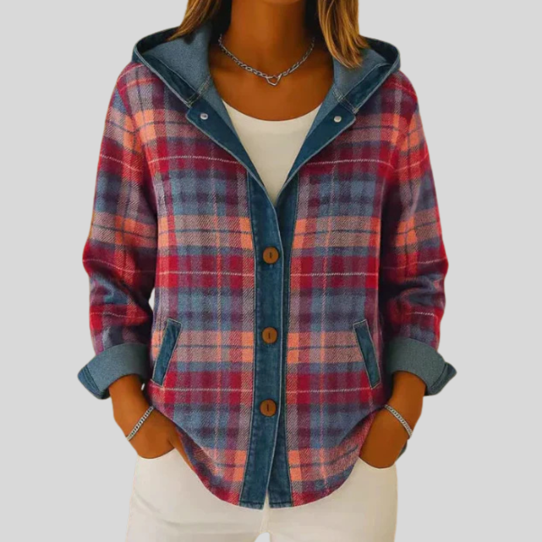 Veste à carreaux à capuche Imogen de Danoir Paris, en tissu à motif tartan, avec capuche et fermeture devant.