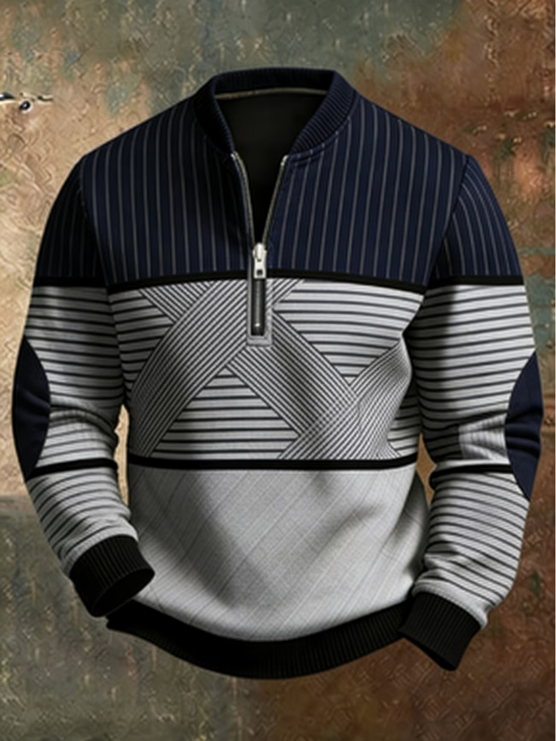 Pull pour hommes Viktor de Danoir Paris avec demi-zip, style moderne en coton gris, porté sur mannequin.