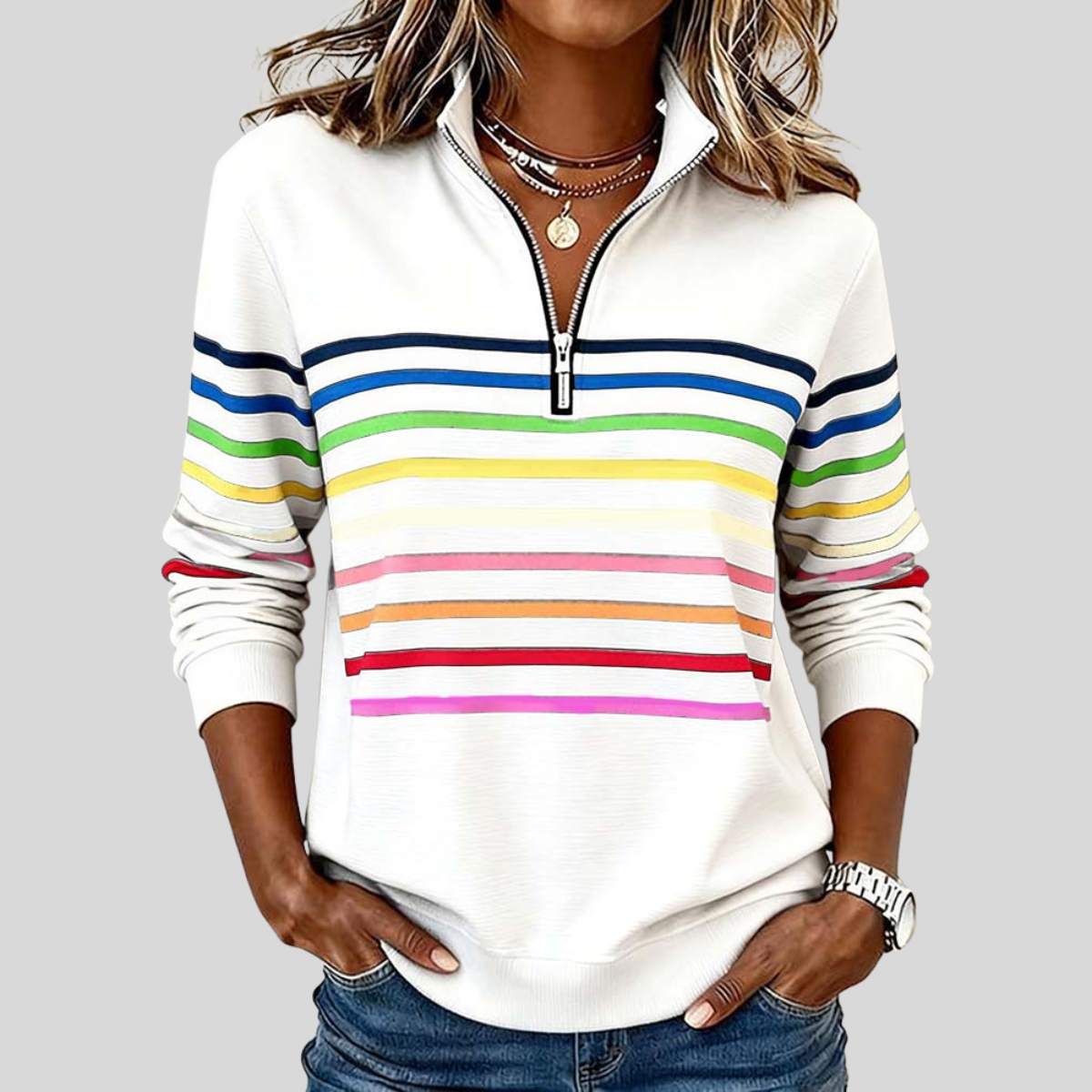Sweat à col zippé rayé Danoir Paris, sweat-shirt confortable avec motifs rayés gris et blanc, porté sur un mannequin.