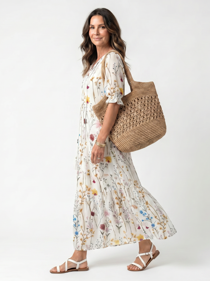 Robe midi Danoir Paris Sylvie à motif botanique avec franges, style élégant et fluide, portée sur mannequin.