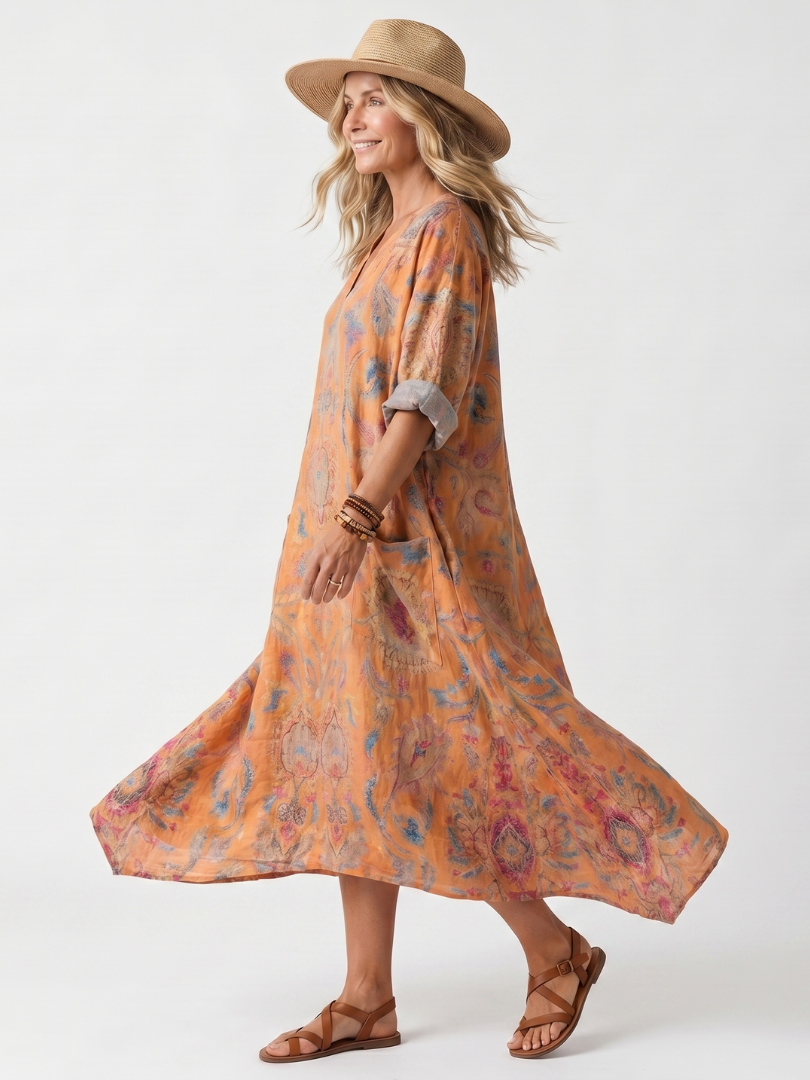 Robe midi oversize imprimée Danoir Paris avec col notch et poches, style décontracté et tendance.