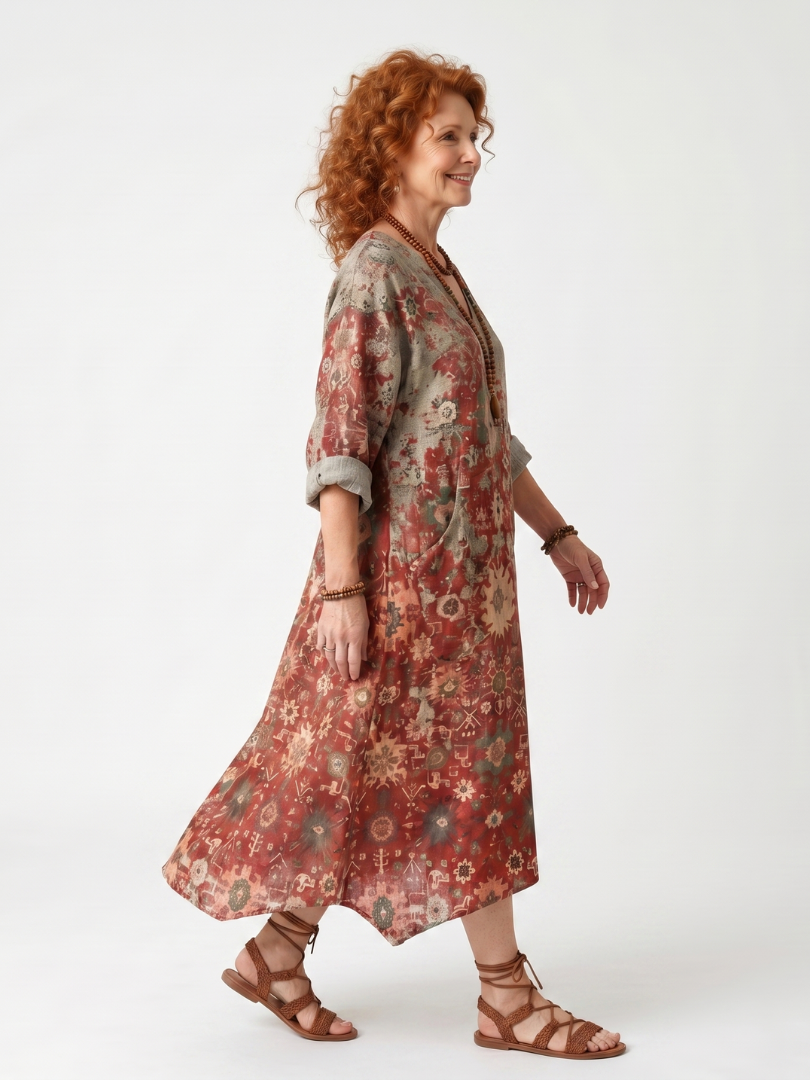 Robe midi décontractée Danoir Paris en safran avec poches et motifs variés, tissu léger et style confortable.