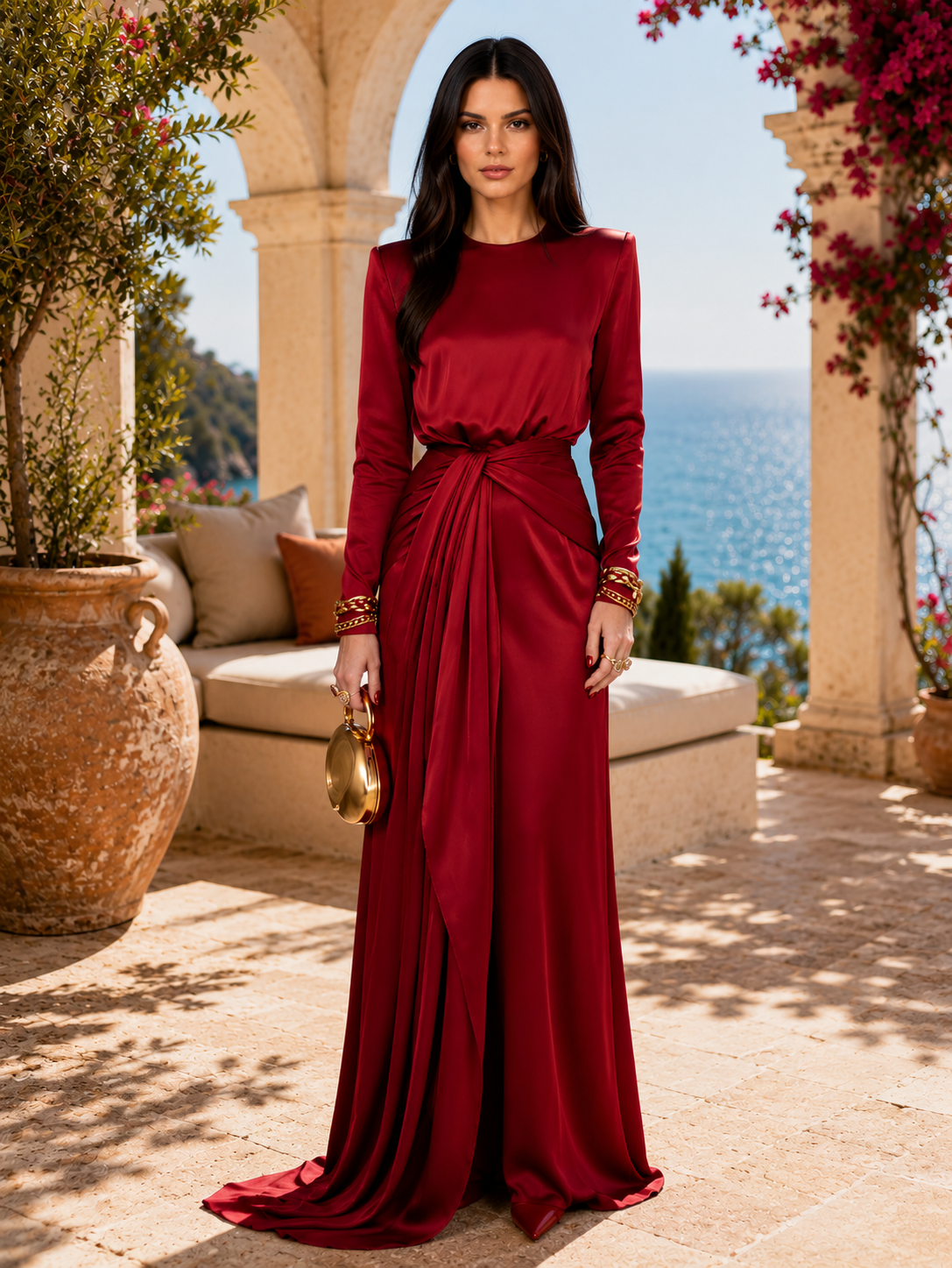 Robe longue femme en satin Drapé Cassandra de Danoir Paris, élégante et fluide, portée avec décolleté en V et ceinture ajustable.