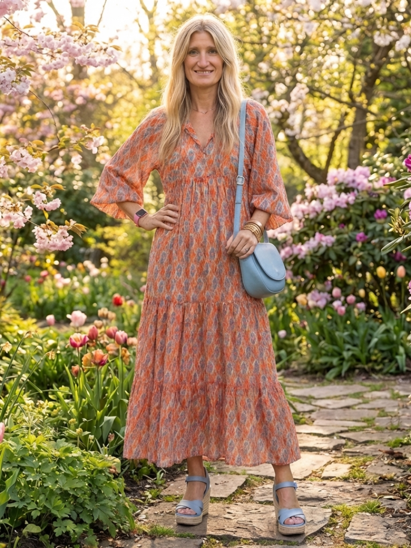 Robe midi Danoir Paris Amara avec motif géométrique et décolleté en V, tissu fluide et élégant.