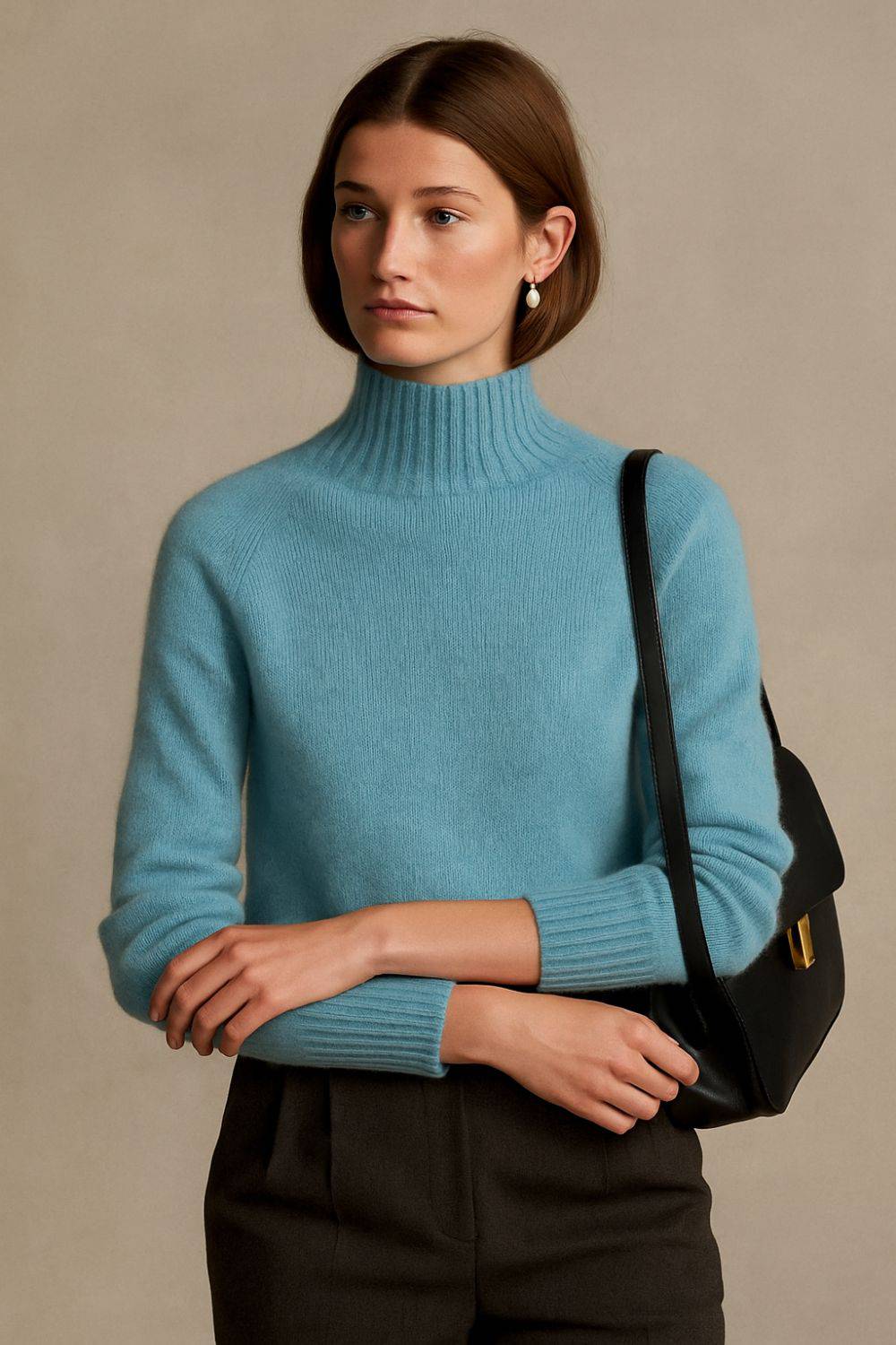 Pull en cachemire Léonne avec col montant de Danoir Paris, doux et élégant, en beige clair, porté sur un mannequin.