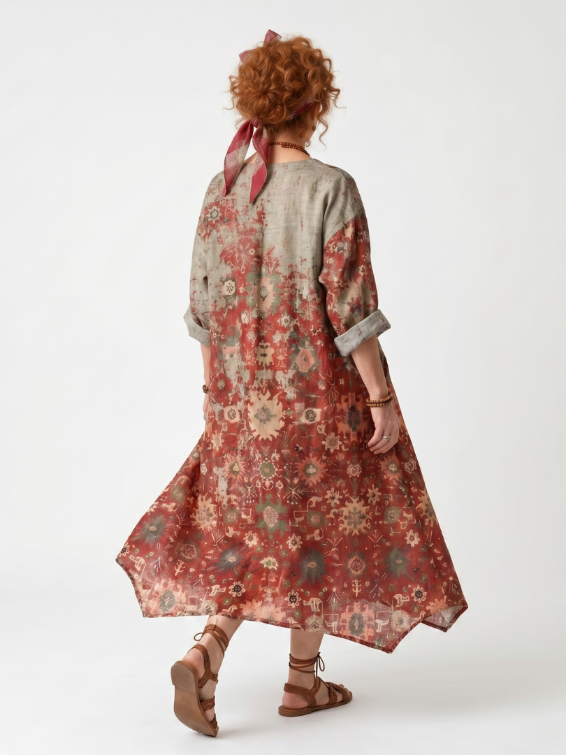 Robe midi décontractée Danoir Paris en safran avec poches et motifs variés, tissu léger et style confortable.