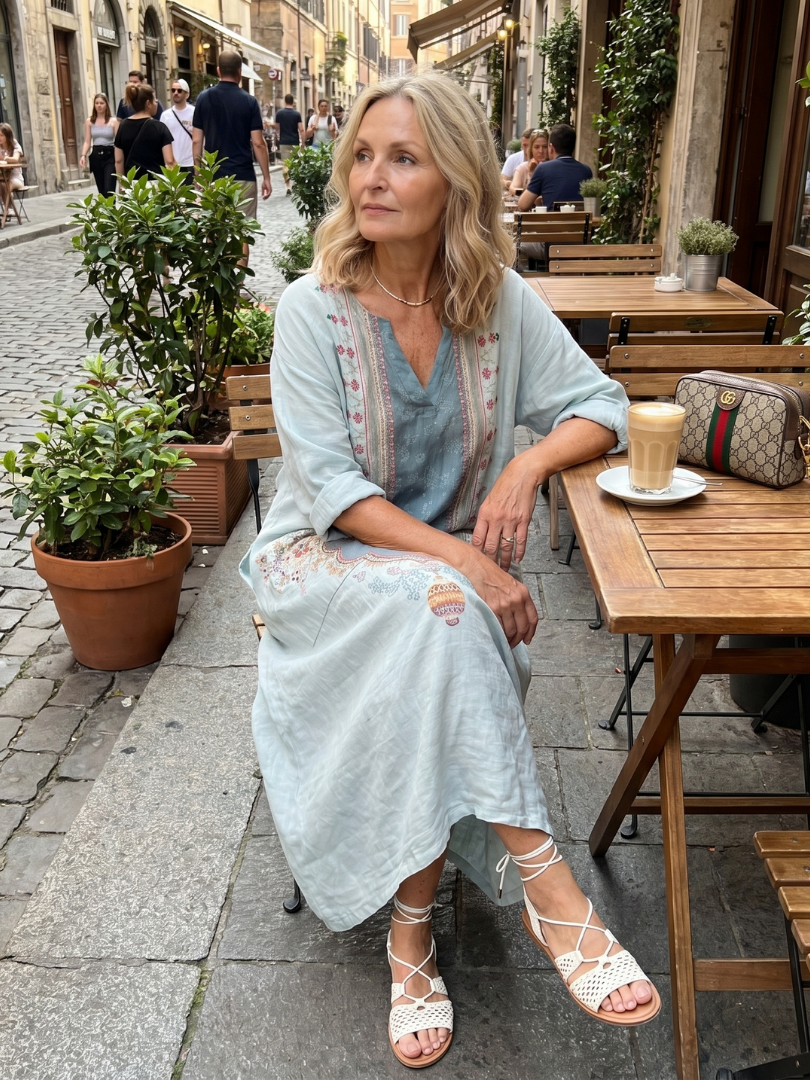 Robe midi brodée Danoir Paris Kassiani avec poches surdimensionnées et panneau décoratif, tissu fluide et élégant.