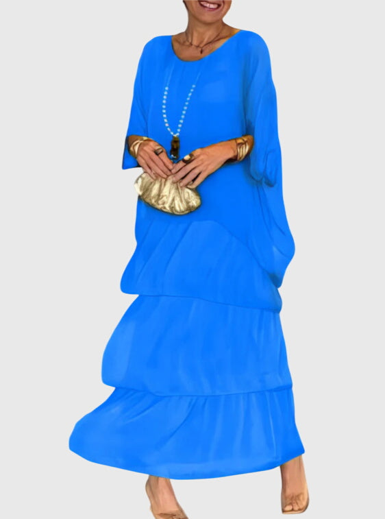 Robe longue Danoir Paris Susan, style élégant, tissu fluide, portée décontractée, couleur neutre, vue de face sur mannequin.