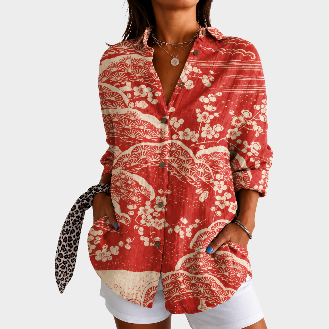 Chemise d'été Sunset Blossom Coastal de Danoir Paris avec motif floral coloré et coupe décontractée, vue de face.