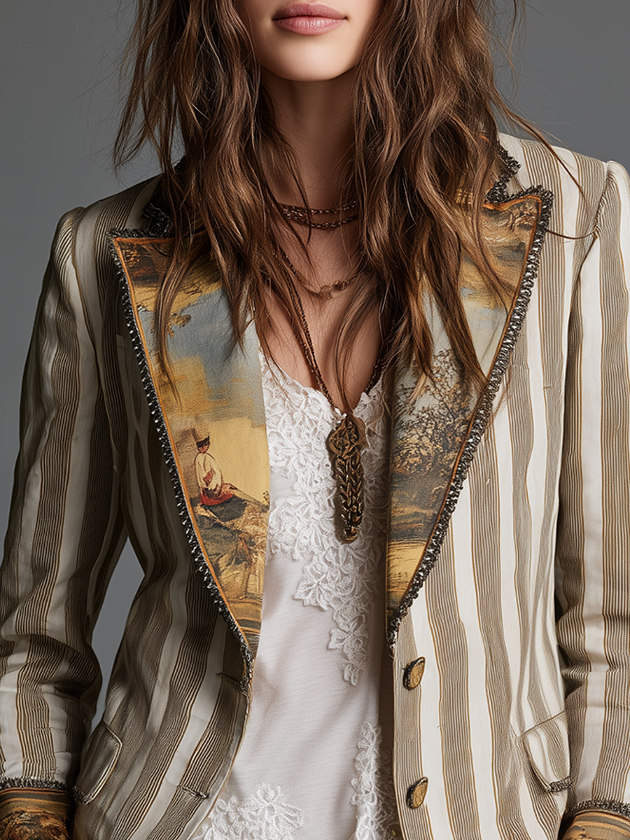 Blazer long à manches longues Danoir Paris, rayé bohème avec col imprimé, style élégant et tendance.