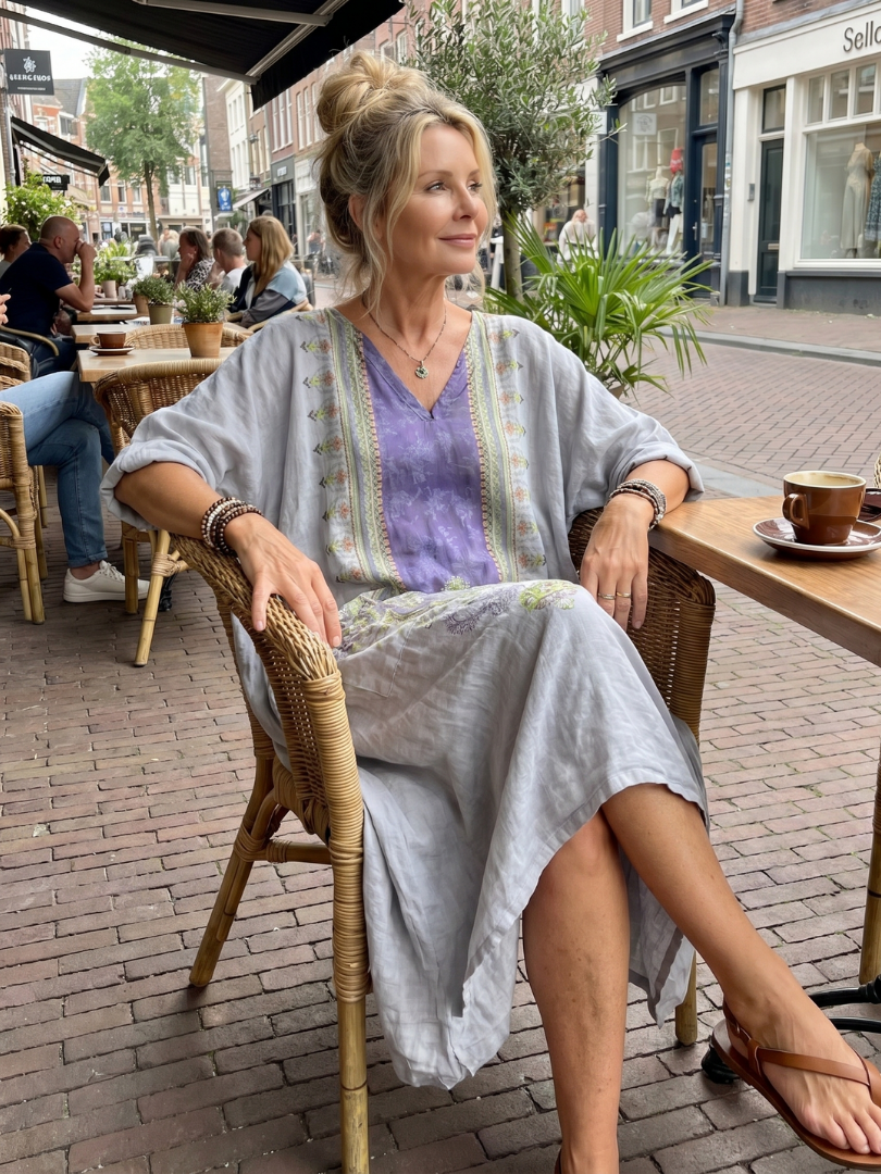 Robe midi oversize Danoir Paris Raina avec poches et panneau brodé contrastant, tissu fluide et style décontracté.
