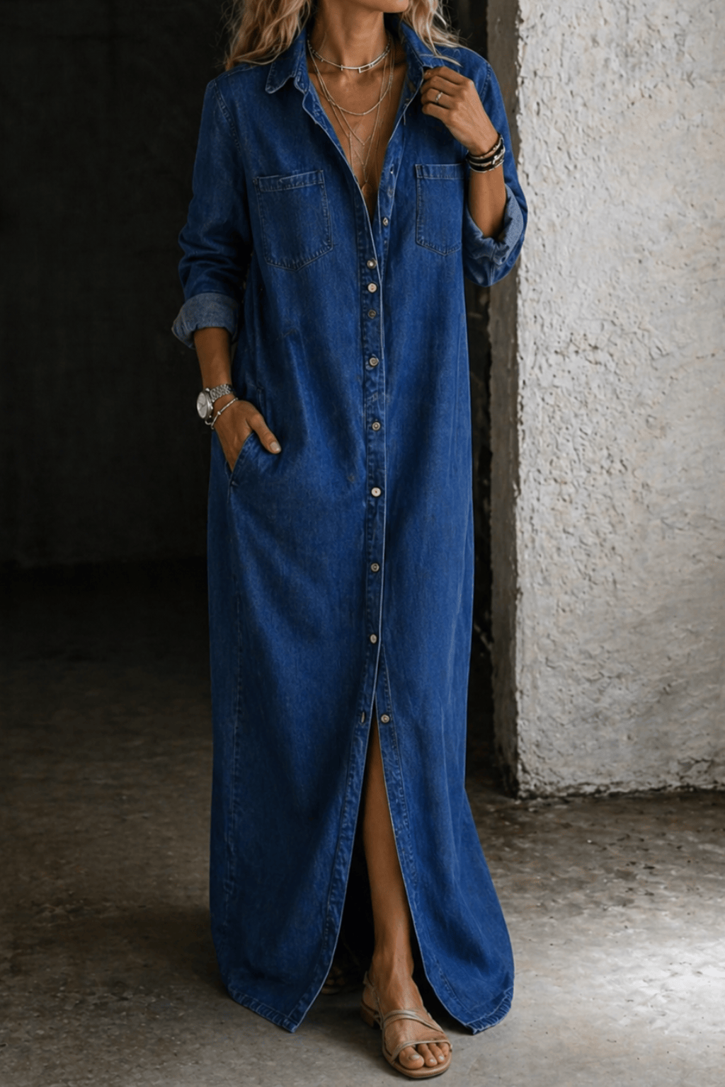 Robe boutonnée Delana de Danoir Paris en tissu léger avec col en V et manches longues, portée décontractée élégante.