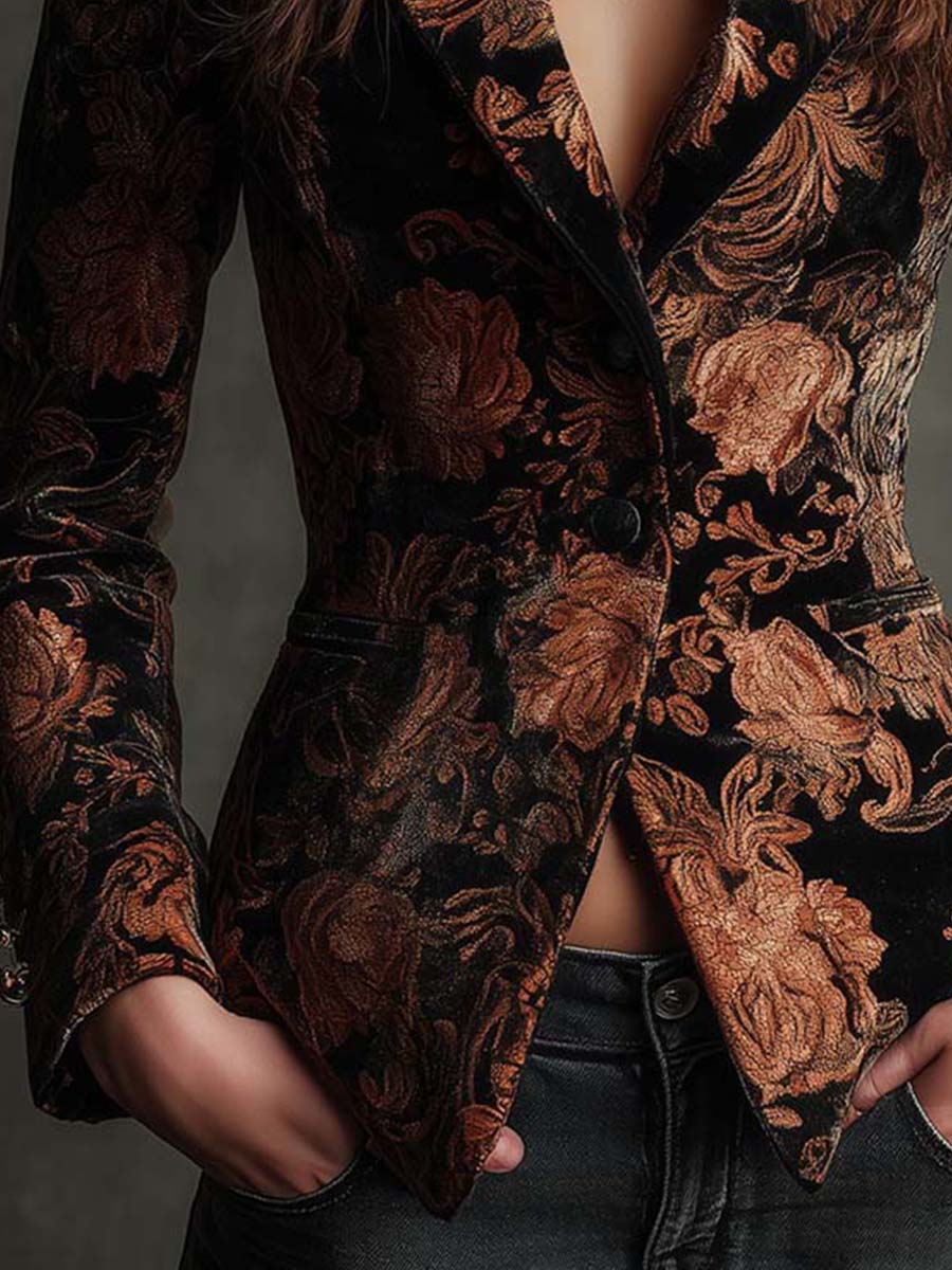 Blazer tailleur long à manches longues Danoir Paris, imprimé fleuri noir et bronze, élégant et sophistiqué.