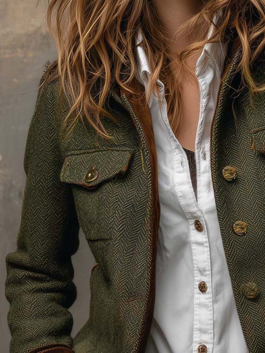 Veste blazer vintage Honorine Danoir Paris avec motif chevrons et liserés contrastants, coupe élégante et détails sophistiqués.