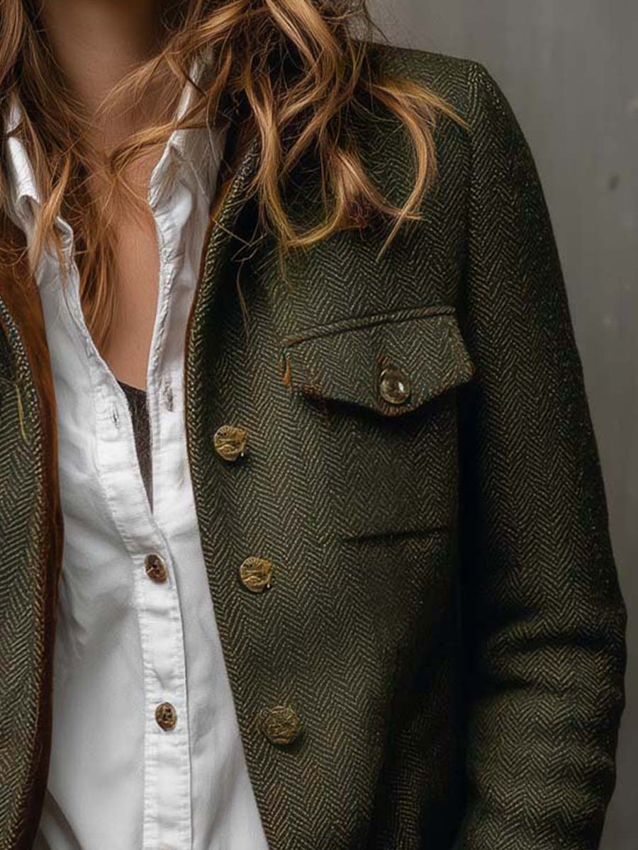 Veste blazer vintage Honorine Danoir Paris avec motif chevrons et liserés contrastants, style élégant et tendance.