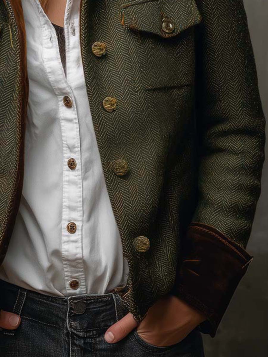 Veste blazer vintage Honorine Danoir Paris avec motif chevrons et liserés contrastants, coupe élégante pour femme.
