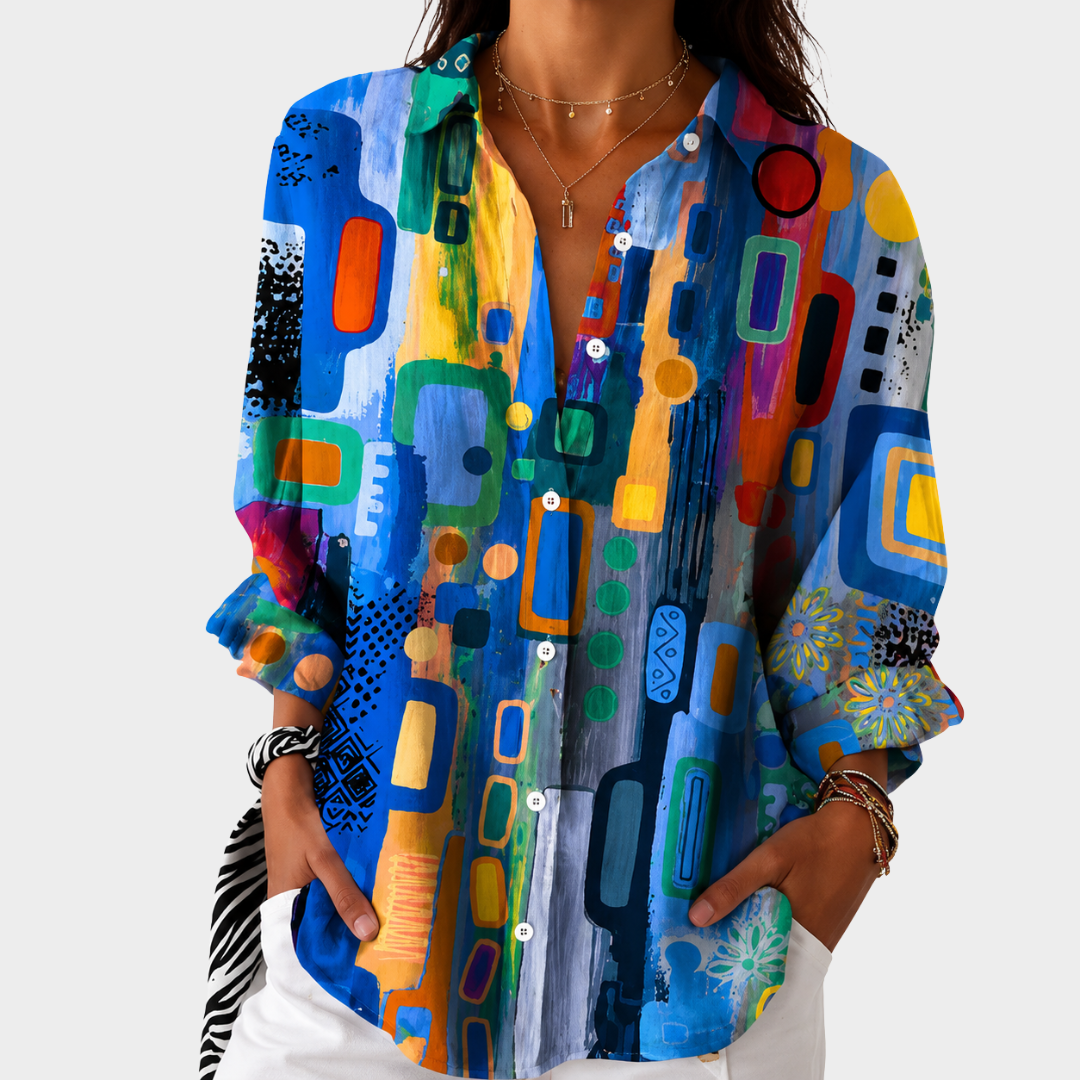 Blouse Danoir Paris en mosaïque colorée avec motif vibrant, manches longues et coupe fluide, idéale pour un look tendance.
