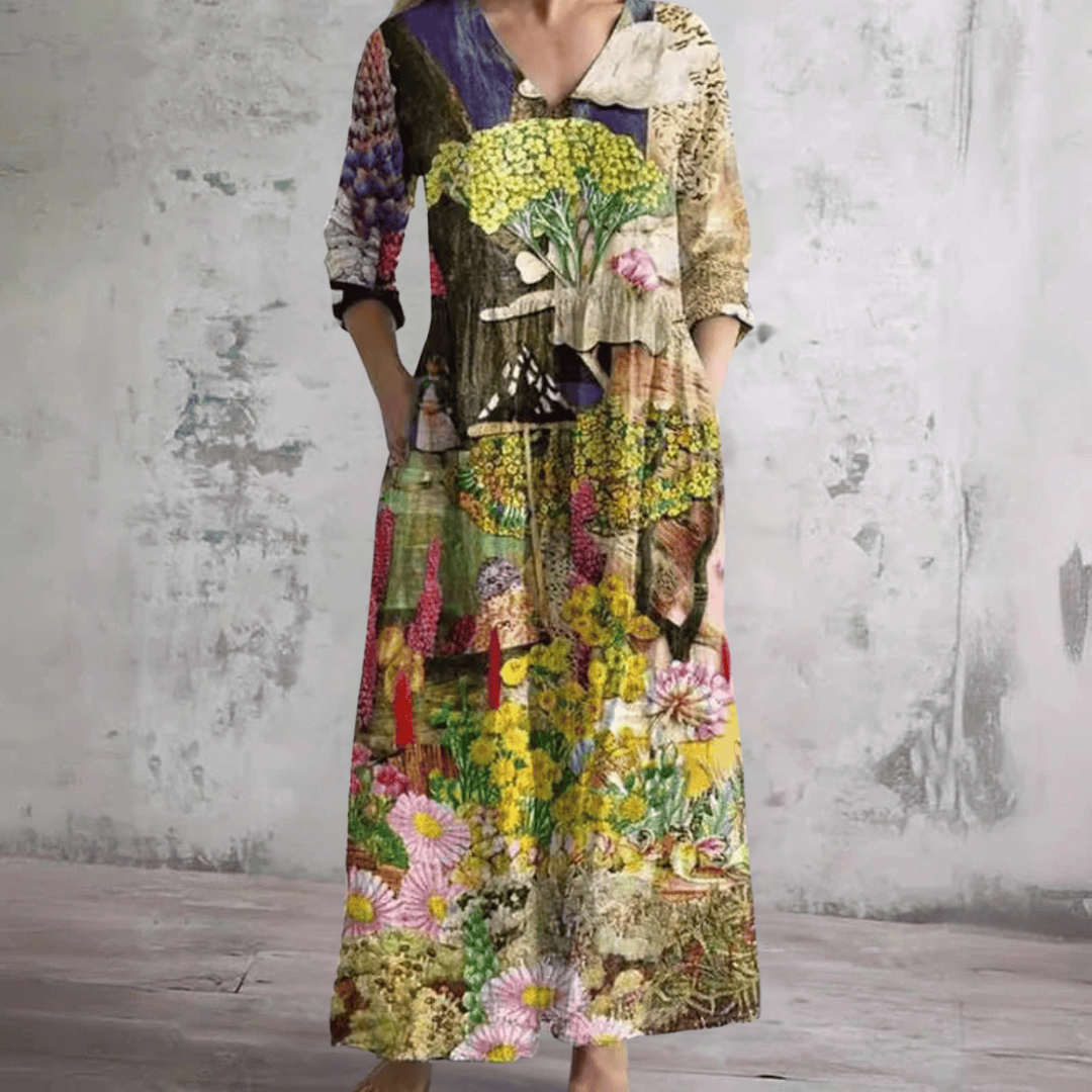 Robe d'été florale Olda™ de Danoir Paris avec imprimé coloré, manches courtes et coupe fluide, portée sur une mannequin.