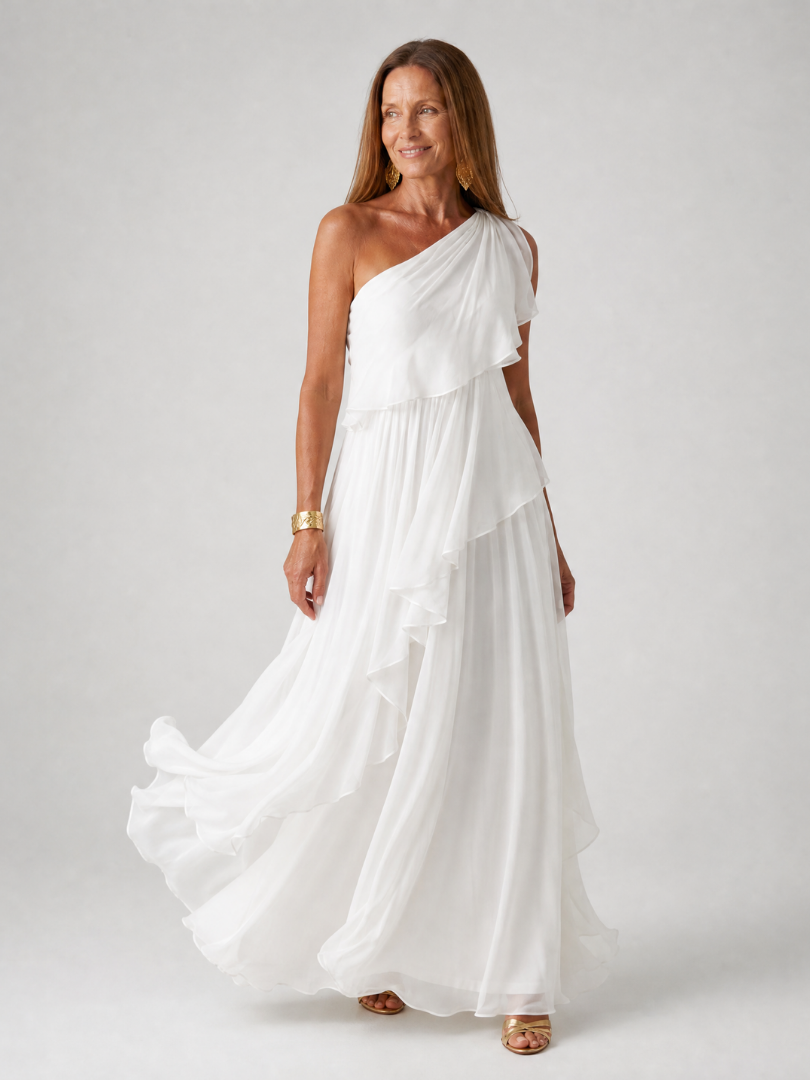 Robe maxi verte Danoir Paris à épaule unique avec volants en cascade, fluide et élégante.