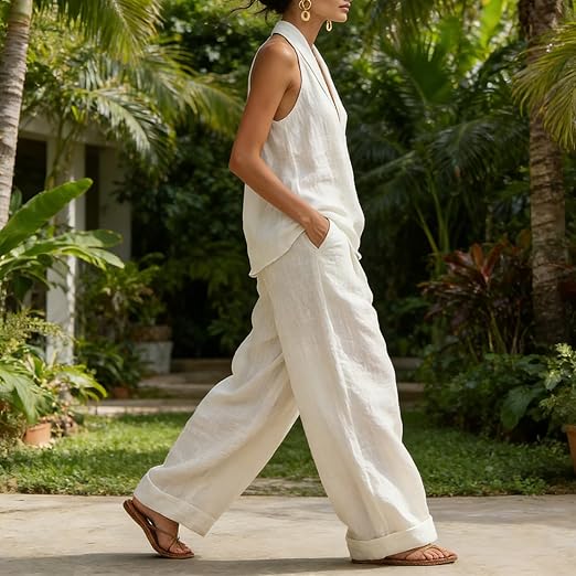 Ensemble deux pièces Danoir Paris Ainhoa en tissu de lin texturé, haut et pantalon assortis, vue de devant.