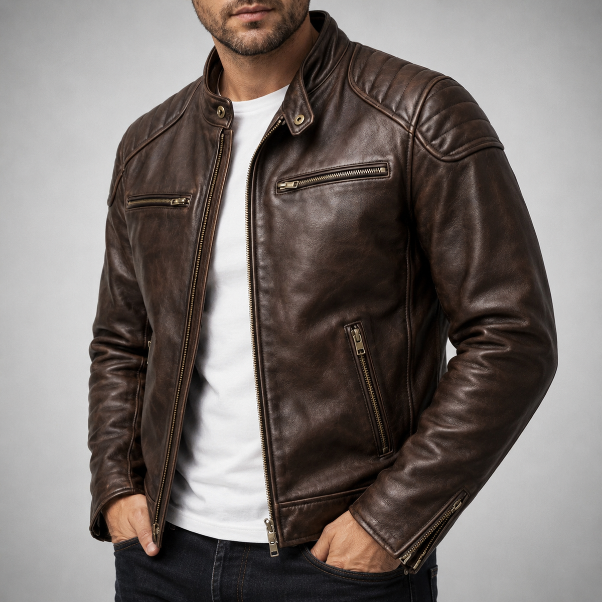 Veste en cuir Colt Maddox de Danoir Paris, coupe ajustée avec détails stylés, vue de face sur un fond neutre.