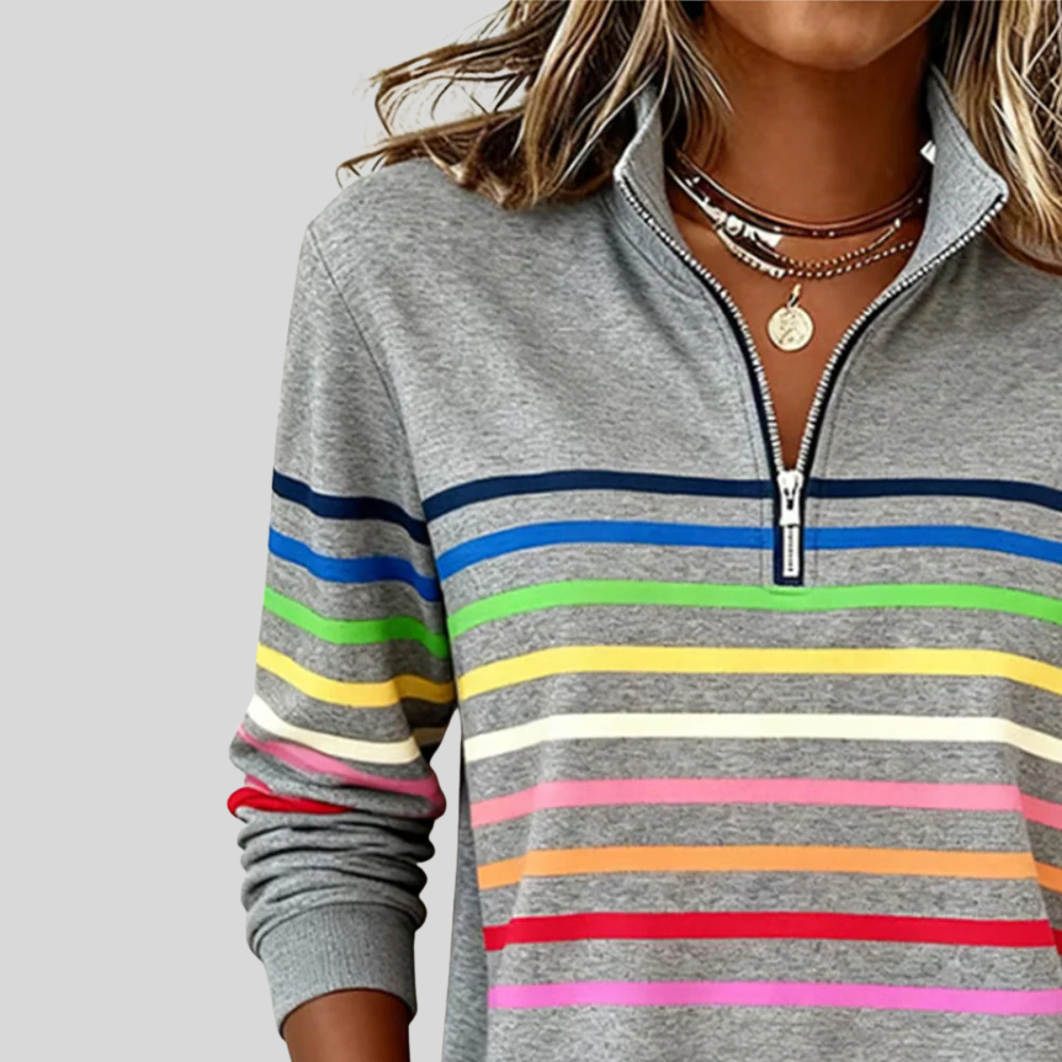 Sweat à col zippé rayé Danoir Paris, sweat-shirt en coton avec bandes horizontales, style décontracté et moderne.