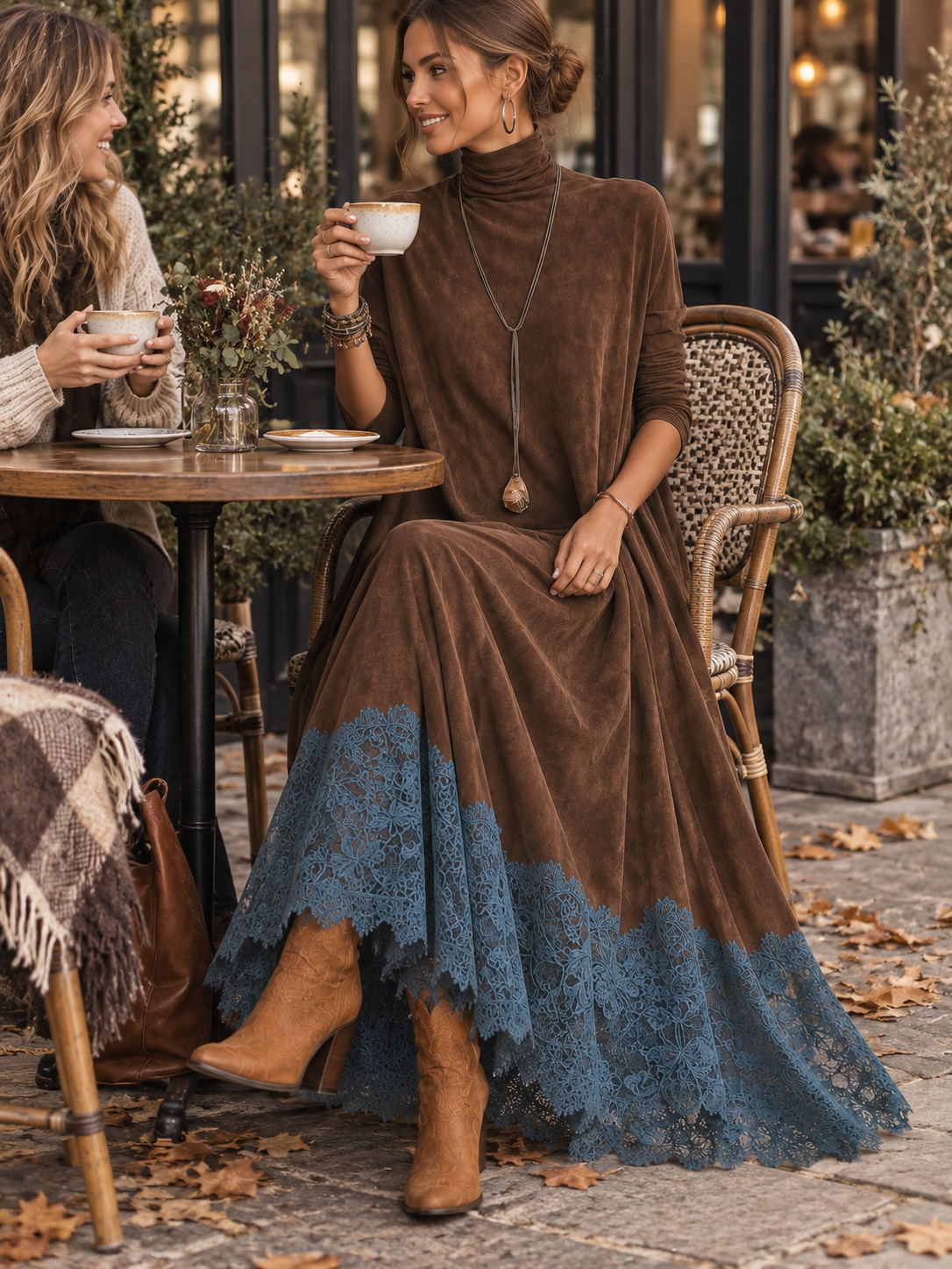 Robe maxi longue en suédine marron avec manches longues, style vintage par Danoir Paris, vue de face sur mannequin.