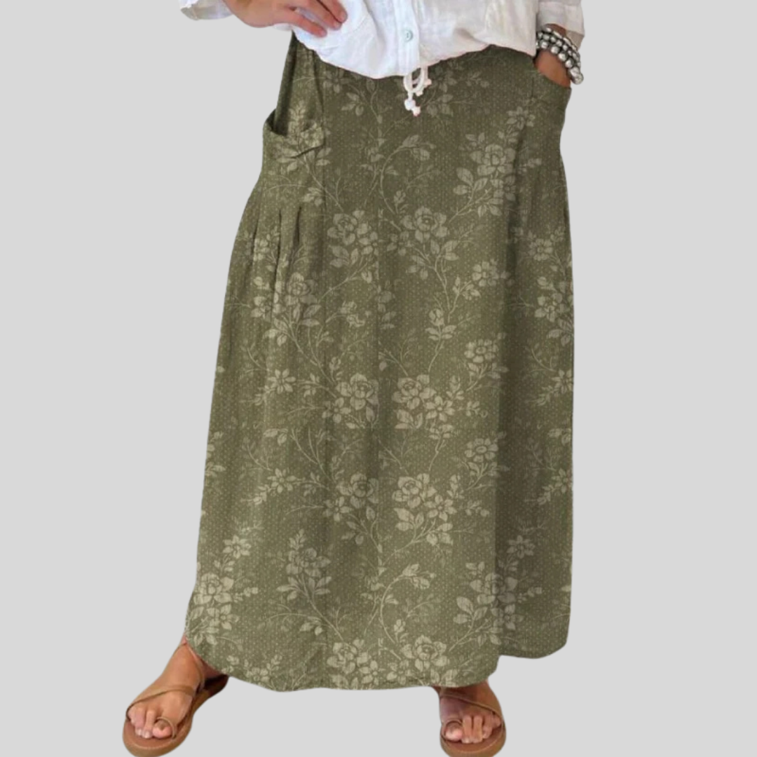 Jupe vintage florale Princess™ avec taille élastique et poches, fabriquée par Danoir Paris.