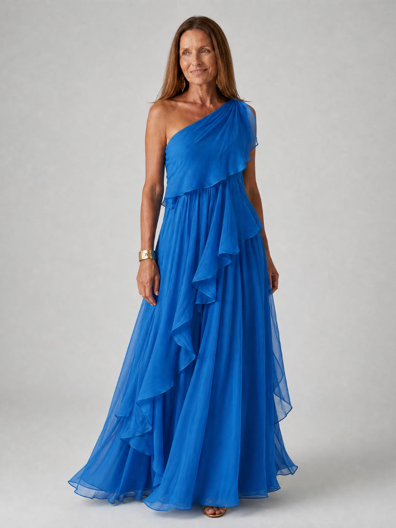 Robe maxi verte Danoir Paris à épaule unique avec volants en cascade, tissu fluide et élégante pour occasion spéciale.