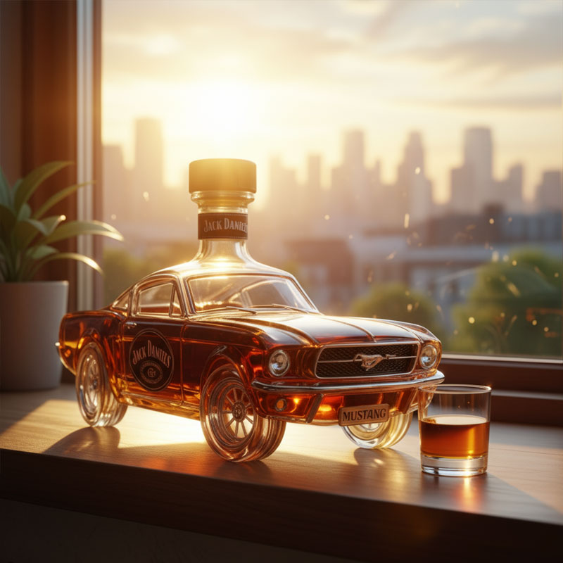 Flasque à whisky Danoir Paris Mustang Edition, bouteille en verre élégante avec design Mustang, idéale pour les amateurs de whisky.